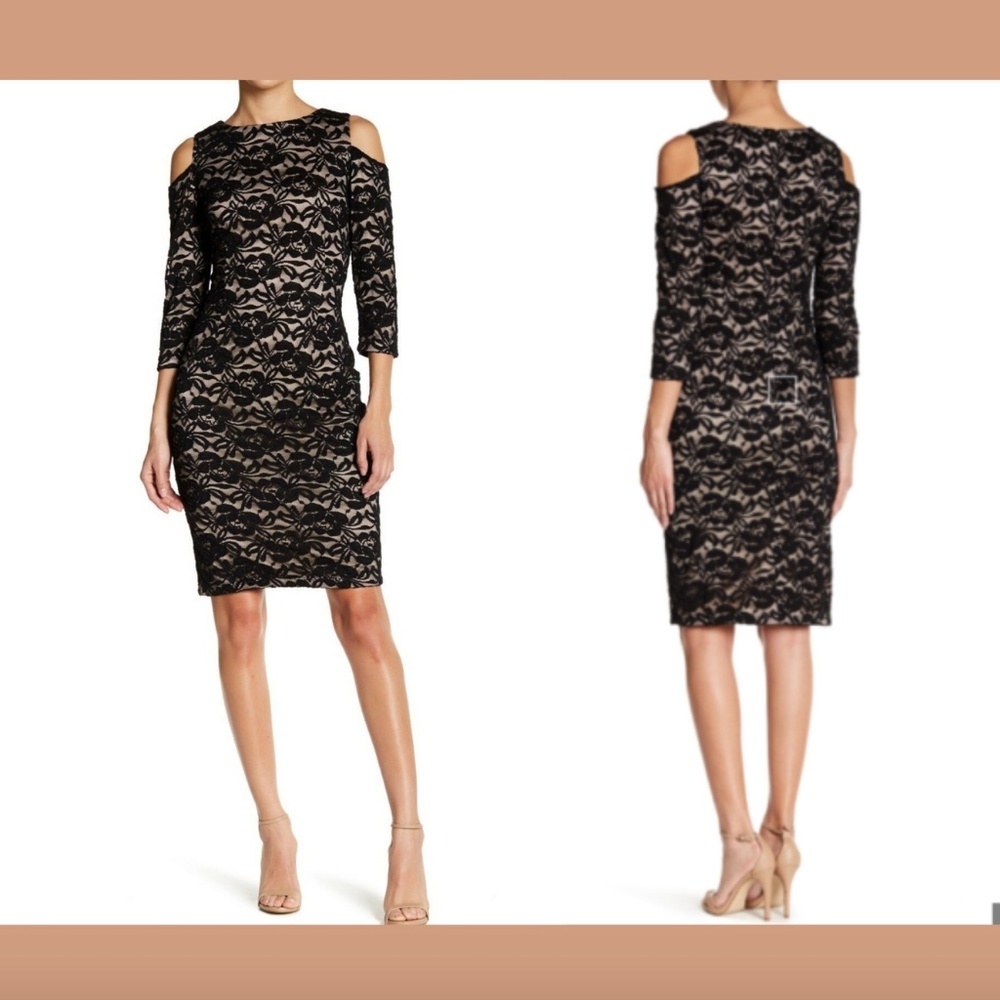 NEW $168 Eliza J Lace Cold Shoulder‎ Lace Black [ SZ 4 ]